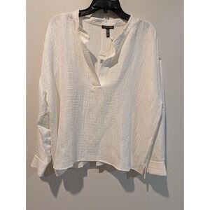 EILEEN FISHER Silk Linen Box Band Collar Top Blouse Ivory Womens  Extra Large XL